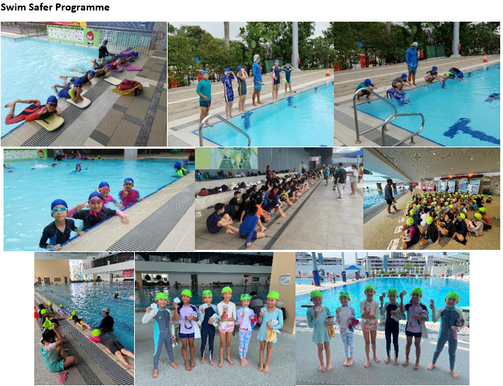 Five photos of children in swim caps and goggles at an outdoor pool during a Swim Safer Programme lesson.